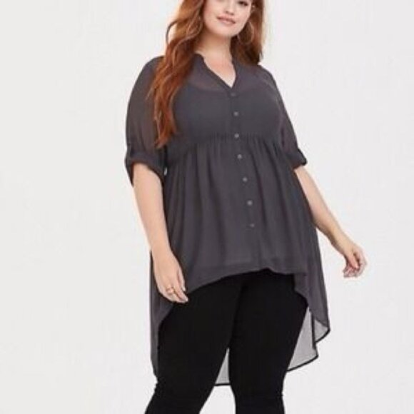 Torrid Women’s Gray Sheer High-Low Button Front grunge fall Tunic Blouse Size 2X - Picture 1 of 11